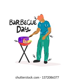 Handdrawn vector illustration of a cartoon man frying a barbecue.