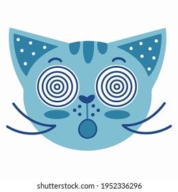 Hand-drawn vector illustration of a cat face. Blue cat face. Isolated icon on white background. Surprised cat under hypnosis. Childrens illustration, flat style