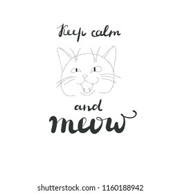 Hand-drawn vector illustration of a cat with a Keep calm and meow lettering.