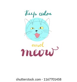 Hand-drawn vector illustration of a cat with a Keep calm and meow lettering.