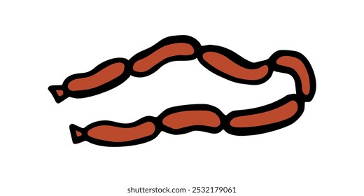 Eine handgezeichnete Vektorgrafik einer Wurstkette, in einem einfachen Cartoon-Stil dargestellt, ideal für die Darstellung traditioneller Fleischprodukte oder Delikatessen in einem minimalistischen Design.