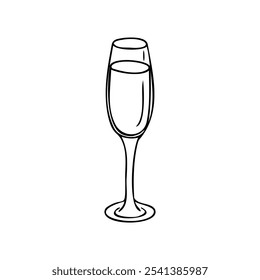 Ilustração vetorial desenhada à mão de uma taça de champanhe. Ideal para comemoração, festa e temas festivos. Arte em linha em preto-e-branco perfeita para designs elegantes e minimalistas