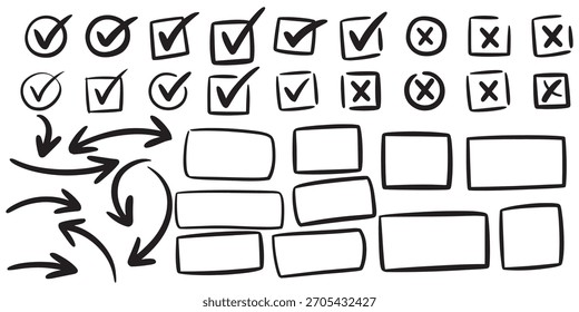 Hand-drawn vector illustration of check marks, crosses, arrows, and rectangles. Doodle style, black and white, isolated on a white background.