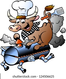 Hand-drawn Vector illustration of an Chef  Cow riding a BBQ barrel