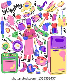 Handdrawn vector illustration of a chef, food and utensils. Bon appetit!