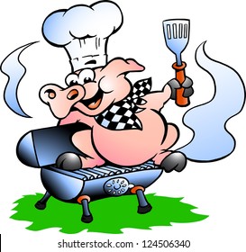 Hand-drawn Vector illustration of an Chef Pig standing on a BBQ barrel