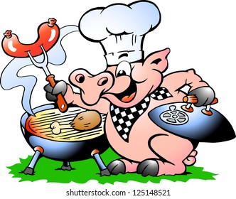 Hand-drawn Vector illustration of an Chef Pig standing and making BBQ