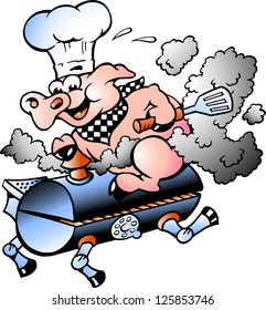 Hand-drawn Vector illustration of an Chef  Pig riding an BBQ barrel