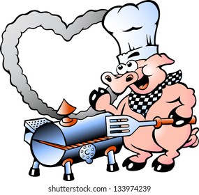 Hand-drawn Vector illustration of an Chef Pig making BBQ