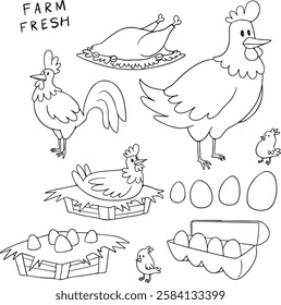 Hand-drawn vector illustration of chickens, roosters, hens, chicks, eggs, and farm elements. Perfect for farm-related designs, organic food branding, coloring books, and educational materials.