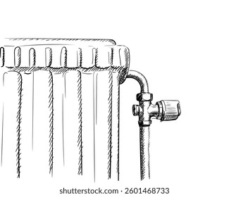 Hand-drawn vector illustration of a classic cast iron radiator with a metal pipe and valve, sketched in black lines with hatching on a white background. Minimalistic style, for home heating concepts