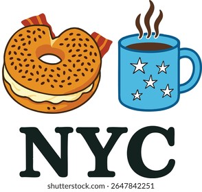 Hand-drawn vector illustration of a classic New York City breakfast with a bacon egg bagel sandwich and a hot coffee cup. NYC text underneath. Perfect for travel, food, and city-themed designs.