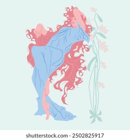 Hand-drawn vector illustration of a classic woman in Art Nouveau style, featuring ornaments and floral elements, classical art, modern fashion template, long hair.