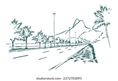 Hand-drawn vector illustration of coastal landscape of Rio de Janeiro, Brazil. Art in simple, uncluttered lines representing the beach with mountains in the background.