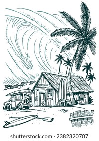 Hand-drawn vector illustration of coastal landscape with elements related to surfing culture. Art in stripped-down lines in a cartoon style.