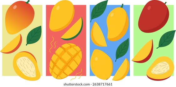 Hand-drawn vector illustration collection of Alphonso, Ataulfo, Carabao, and Miyazaki mangoes – vibrant tropical fruit poster design