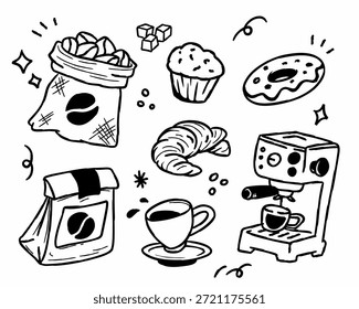 Colección de Ilustración vectorial dibujada a mano de Elementos de cafetería, incluyendo máquina de café espresso, croissant, donut, y bolsas de café en un estilo de garabato mínimo lindo