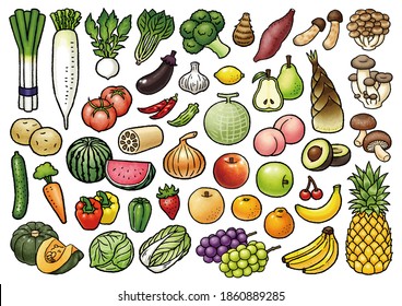 Hand-drawn vector illustration collection of various vegetables and fruits