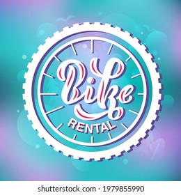 Handdrawn vector illustration with color lettering on textured background Bike rental for bicycle share, service, rent, logo, club, advertising, information poster, website, messages, banner, template