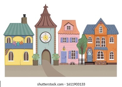 Hand-drawn vector illustration of colorful houses and some other elements suitable for use in print and web