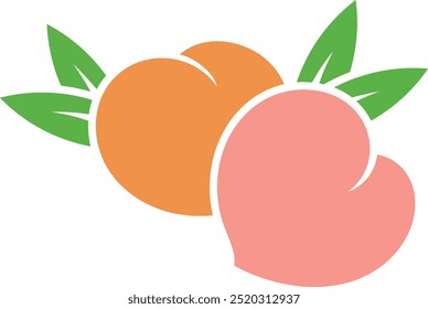 Hand-drawn vector illustration of colorful peaches with leaves, featuring whole, sliced, and half peaches in a flat style
