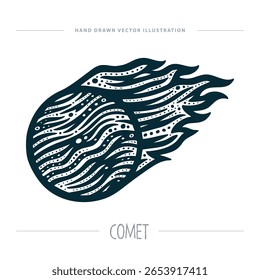 Ilustração vetorial desenhada à mão de cometa com cauda de chama abstrata, linhas negras em negrito e estilo de gravação texturizado. Objeto espacial celeste para uso científico e de design. Parte do conjunto.