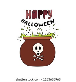 Hand-drawn vector illustration with copper with the boiling potion. Halloween poster.