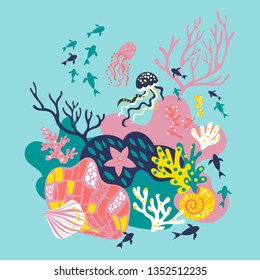 The hand-drawn vector illustration with corals, seashells, jellyfish and seaweed. 
