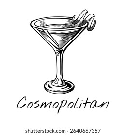 Hand-drawn vector illustration of Cosmopolitan cocktail with citrus garnish in martini glass. Elegant retro sketch for bar menu, party design, or mixology content.