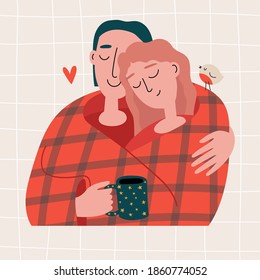 Ilustración vectorial hecha a mano de una pareja en el amor abrazándose bajo una manta roja con una taza de té aislada en el fondo beige. Ilustración al estilo de las caricaturas. Para tarjetas de felicitación y otro diseño de impresión.