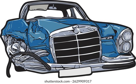Ilustración vectorial dibujada a mano de un coche clásico estrellado desde la vista delantera. Ideal para conceptos de accidentes, seguros y daños automotrices.