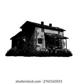 hand-drawn vector illustration of a creepy, abandoned old farmhouse. Detailed stipple and engraving style featuring a decaying wooden building with a broken porch, overgrown vines, and a vintage bicycle, isolated on a white background. Perfect for horror, mystery, or rustic rural themes.