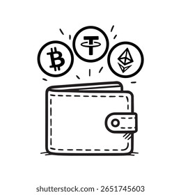 Handgezeichnete Vektorgrafik einer Krypto-Geldbörse mit Bitcoin, Ethereum und Tether, die in minimalem schwarz-weißem Doodle fliegen. Ideal für Fintech-, DeFi-, Blockchain- und UI-Design.