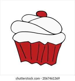 Ilustración vectorial hecha a mano con un bizcocho en papel rojo. Estilo Doodle. Pastel con crema y envoltura. Postre para las vacaciones.