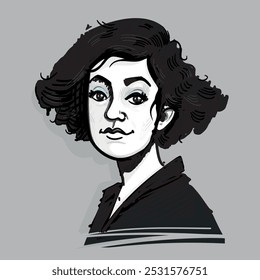 Hand-drawn vector illustration of a curly-haired woman with black hair, looking at the camera. Minimalist style, perfect for fashion, beauty, and graphic design projects.