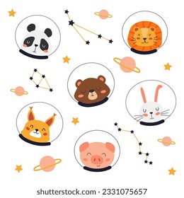Hand-drawn vector illustration of cute animals in space. Animal heads in helmets. Panda, lion, rabbit, piggy in space. Flat design in Scandinavian style. Children illustration, space se. Isolated.