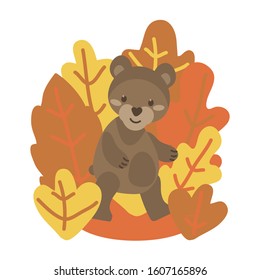 Hand-drawn vector illustration with a cute bear in the forest . Flat style. Design for greeting card, poster and children's book.