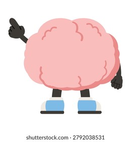 Hand-drawn vector illustration of a cute brain character viewed from behind while pointing upward, representing guidance, ideas, learning, awareness, and inspiration. Ideal for education, wellness, business, and mascot themes.