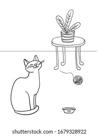 Hand-drawn vector illustration. Cute cat sitting, smiling, room, flower, on a white background, coloring book for children. Simple form, sketch, Doodle.