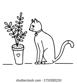 Hand-drawn vector illustration. Cute doodle cat sits and sniffs a flower in a pot black line on white background