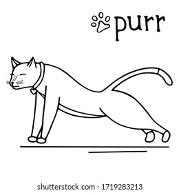 Hand-drawn vector illustration. Cute doodle cat stretches or stands in the bar black line on white background