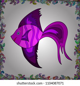Handdrawn. Vector illustration. Cute fish. Kids background. Fishes on white, magenta and purple. Seamless.