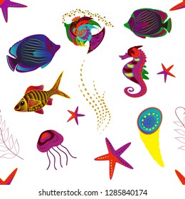 Ilustración del vector dibujado a mano. Patrón de pescado sin fisuras. Pescados de colores rojo, violeta y blanco. Niños de fondo.