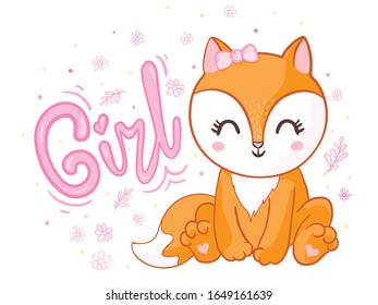Hand-drawn vector illustration of a cute Fox with a bow, with lettering Girl. Isolated objects. Concept for children printing.