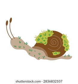 Hand-drawn vector illustration of a cute garden snail covered with green moss and grass on its brown shell. Flat vector design isolated on a transparent background, perfect for children's books, stickers, nature graphics, forest-themed decor, and educational materials.