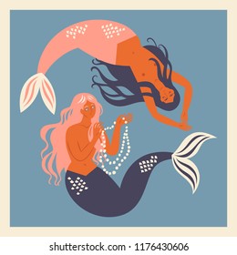 Hand-drawn vector illustration with cute mermaids. Beautiful design for poster or card in vintage style.
