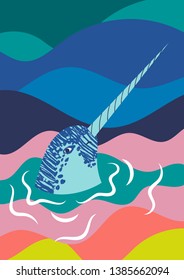 Hand-drawn vector illustration with cute narwhal, unicorn-fish. Beautiful design for poster or card in trendy colors.
