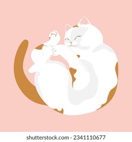 Hand-drawn vector illustration of cute orange-white cat sleeping pop-style design.