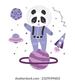 Hand-drawn vector illustration of a cute panda astronaut in space. Cute space illustration with a panda in a spacesuit on a planet. Concept for children's t-shirt print. Isolated objects. 