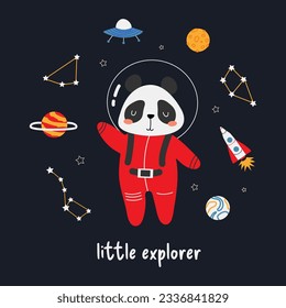 Hand-drawn vector illustration of a cute panda astronaut in space. Space illustration with animal in red spacesuit. Planets, stars, rockets. Concept for printing on children's t-shirt, poster.